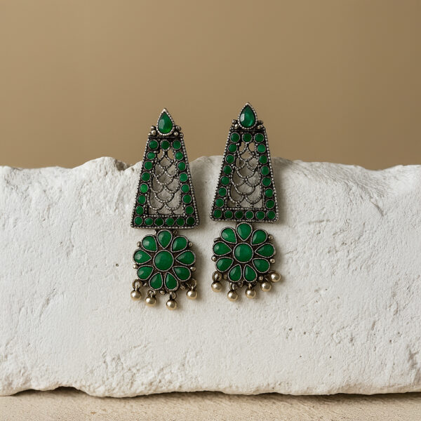 Emerald Bloom German Silver Jhumki